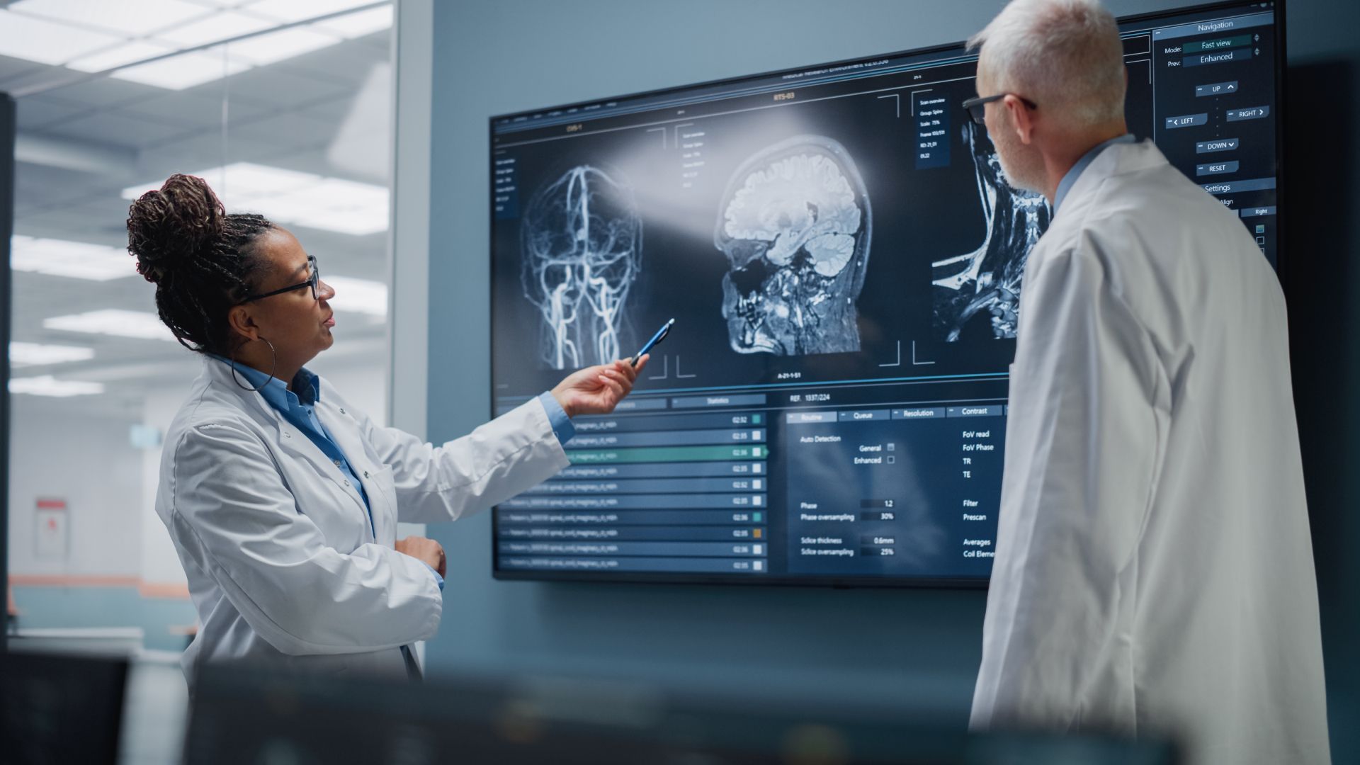 Two doctors reviewing brain scans on a large medical display in a bright hospital office.