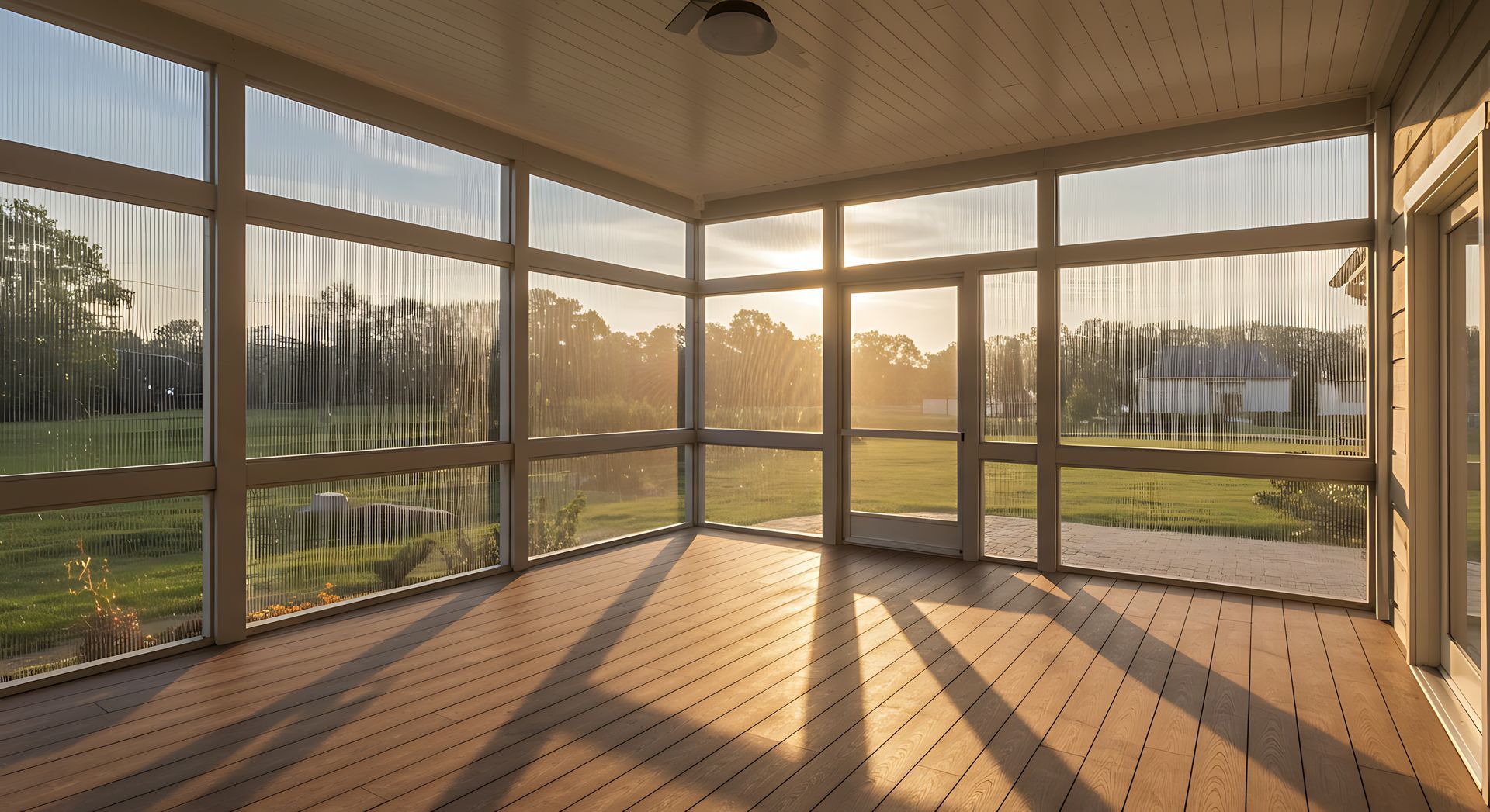 Screened porch with wooden floor and large windows overlooking a green yard at sunset.