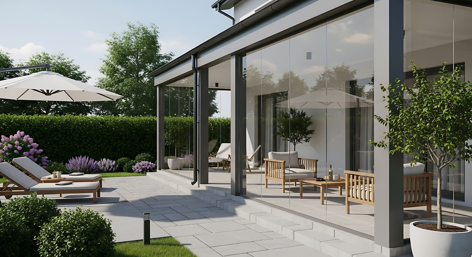 Modern home with glass patio enclosure extending outdoor living space