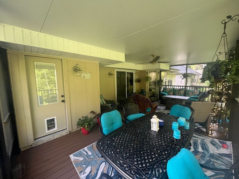 Covered patio with a table, chairs, door, and plants. Blue cushions, gray rug, and brown deck.