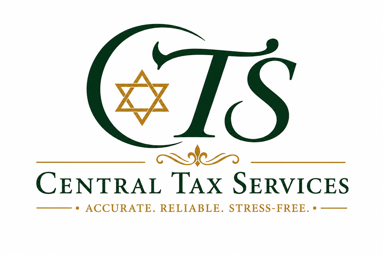 Central Tax Services logo with green and gold stylized TS, Star of David, and “Accurate. Reliable. Stress-free.”