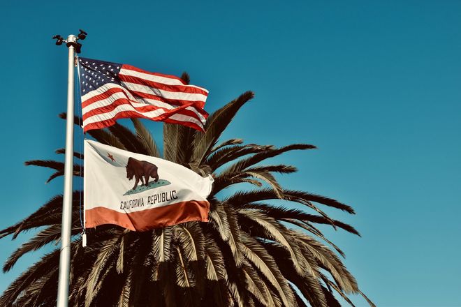 American and California flags waving on poles beside a palm tree against a blue sky