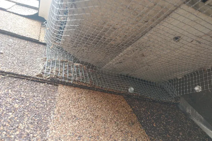 Netting and wire mesh covering the corner of a gravel enclosure with small lights along the wall