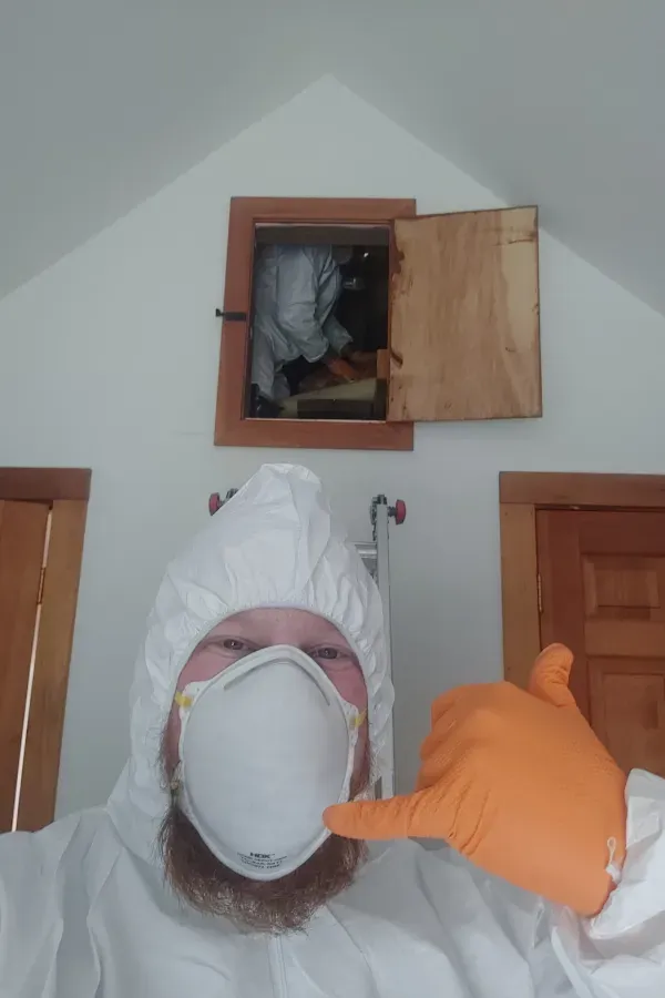 Person in white protective gear and mask pointing up at an open attic hatch in a room.