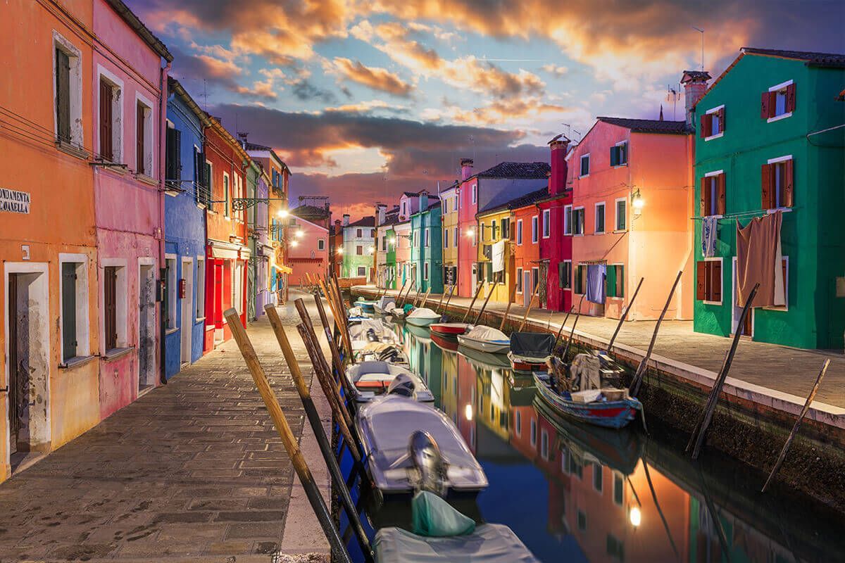 Colorful houses of Burano at sunset