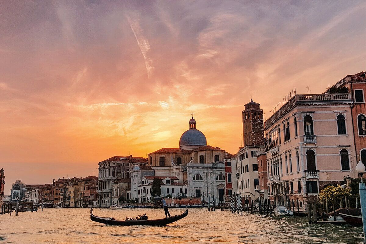 Gondola at sunset on the Grand Canal