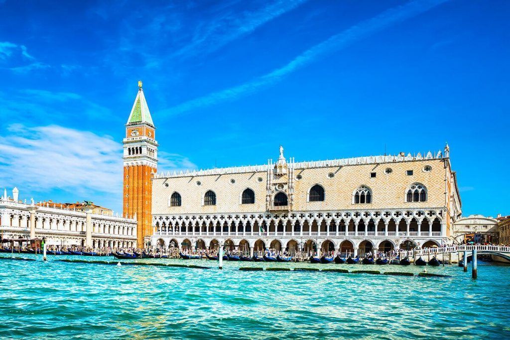The Doge's Palace and St. Mark's Campanile overlooking the Venetian lagoon.