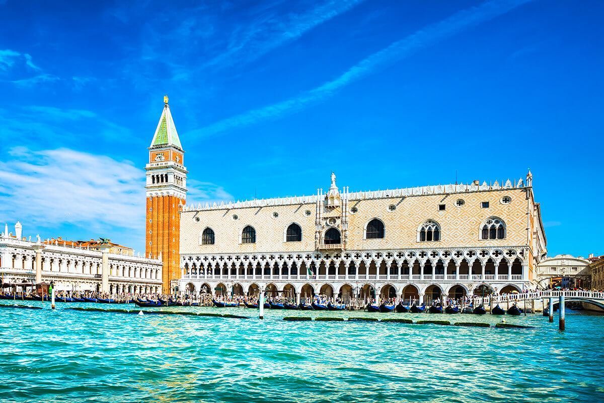 Panoramic view of the Doge's Palace and St. Mark's Campanile from the water in Venice.