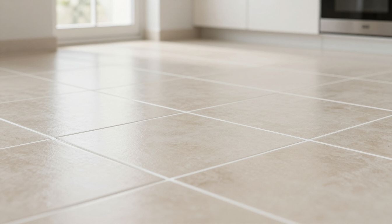Empty beige tiled floor in a bright, unfurnished room with white baseboards