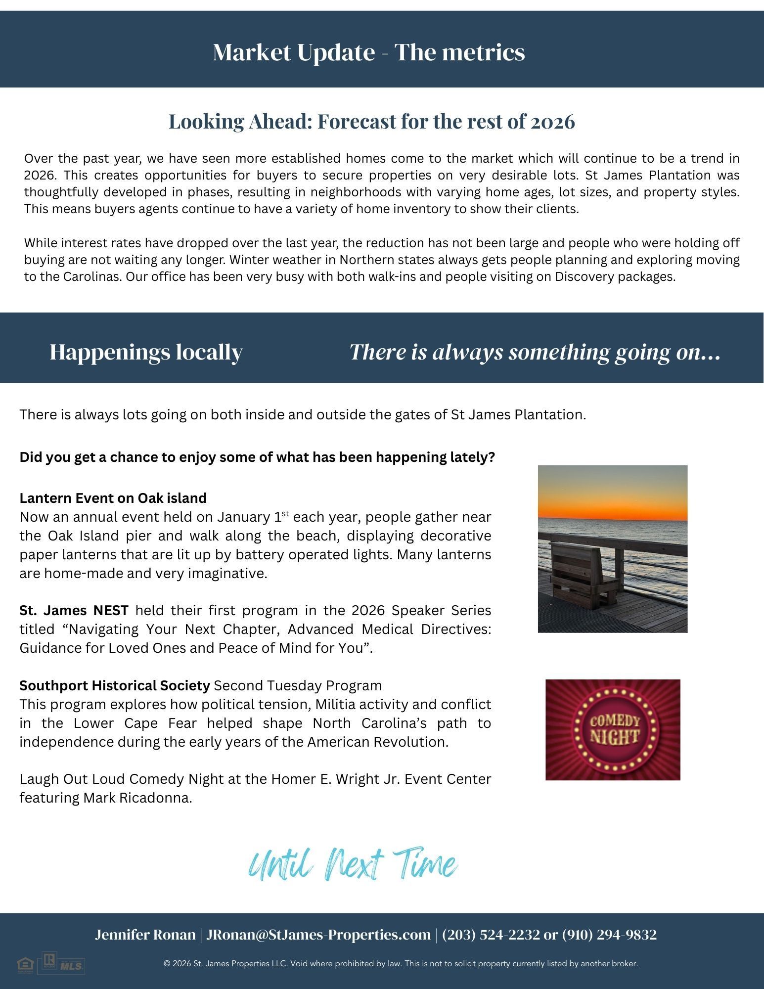 Newsletter-style page with teal headers, text blocks, and two small right-side photos, including a sunset railing scene