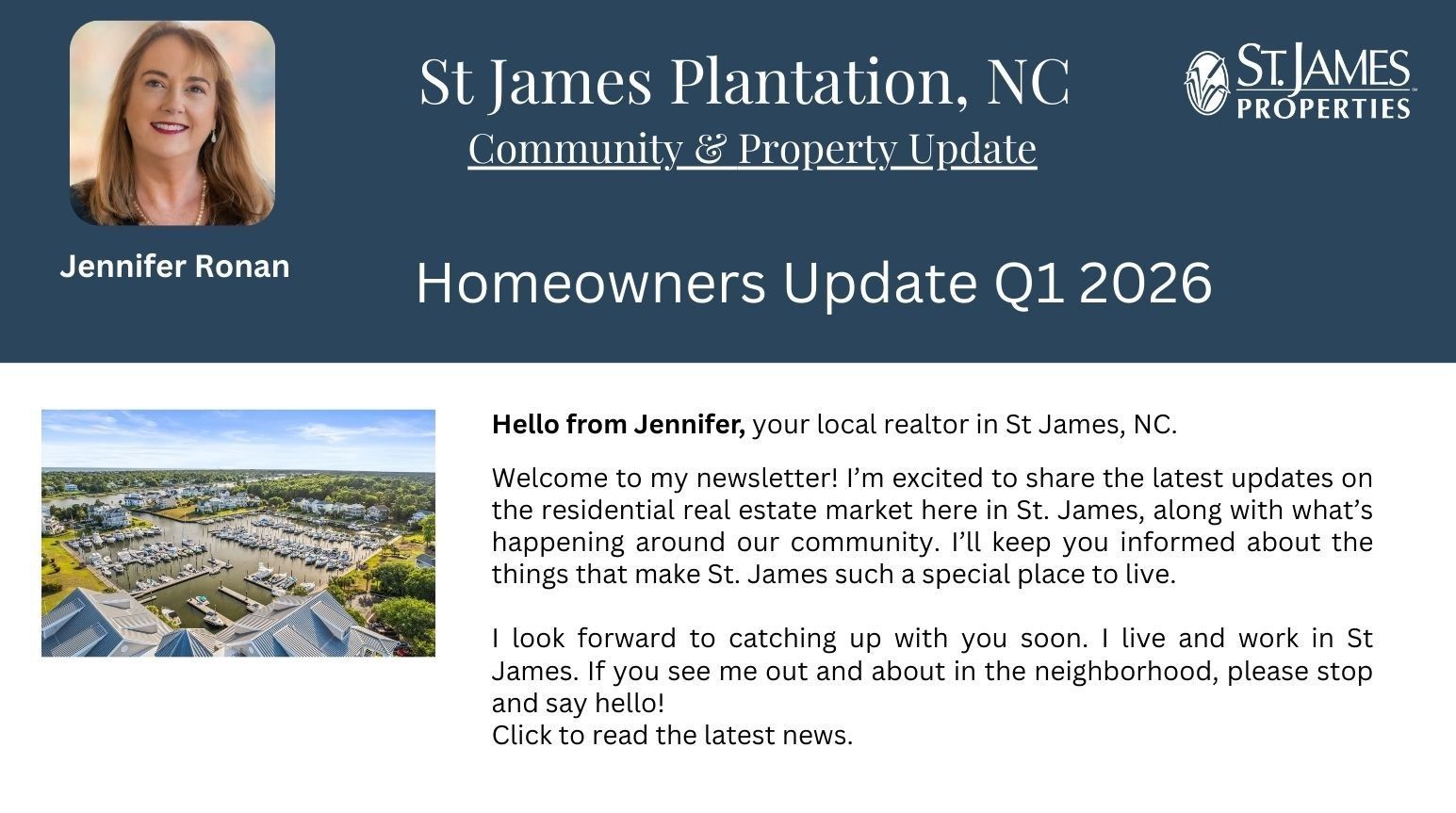 Homeowners Update Q1 2026 flyer for St James Plantation, NC, with a woman portrait and community aerial photo