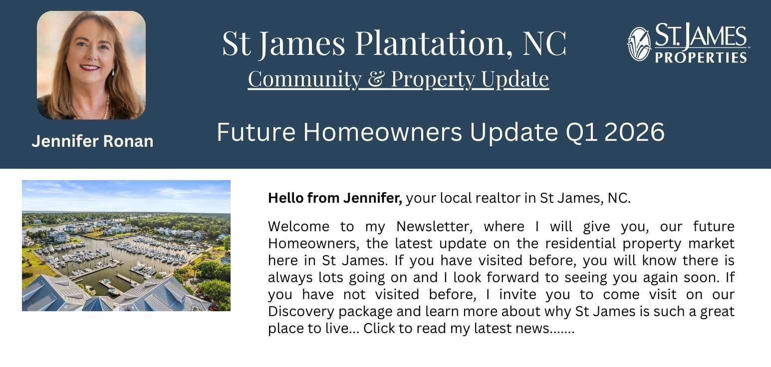 St. James Plantation, NC community newsletter cover with marina photo and smiling woman portrait