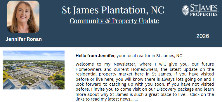 St. James Plantation, NC community update slide with aerial photo and presenter headshot on blue header