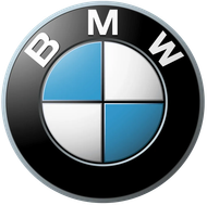 BMW logo: Circular emblem with a black border, featuring a blue and white propeller design and the letters 