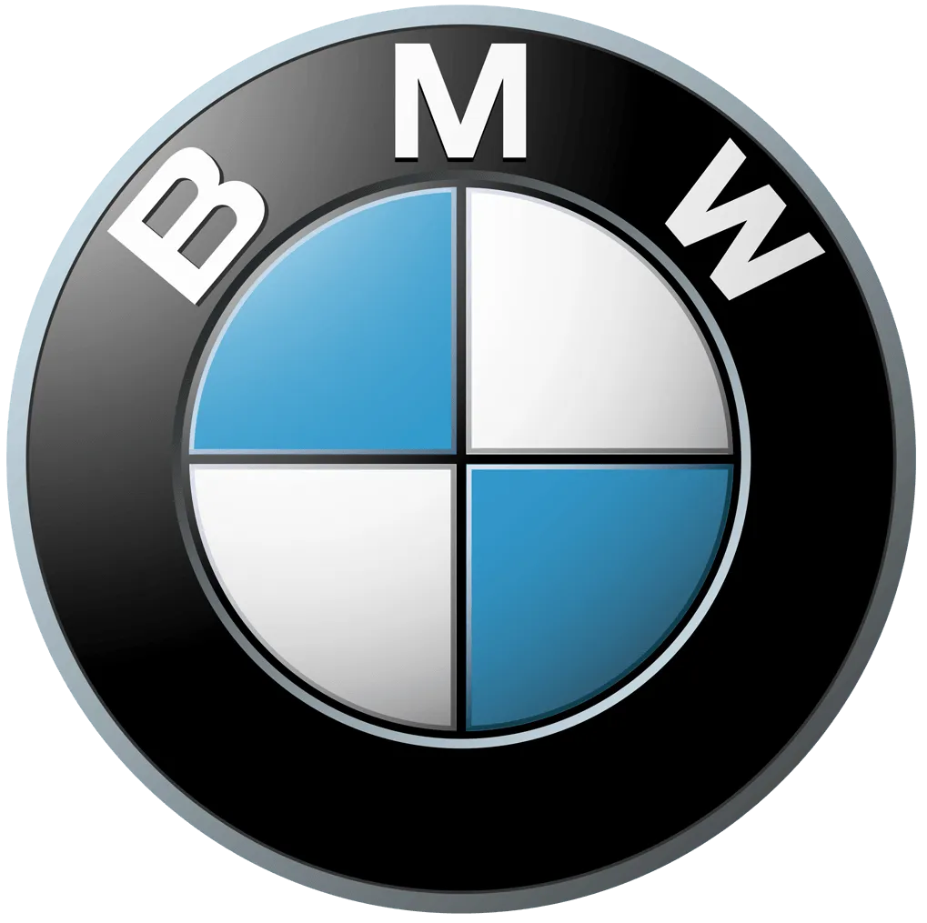 BMW logo: Circular emblem with a black border, featuring a blue and white propeller design and the letters 