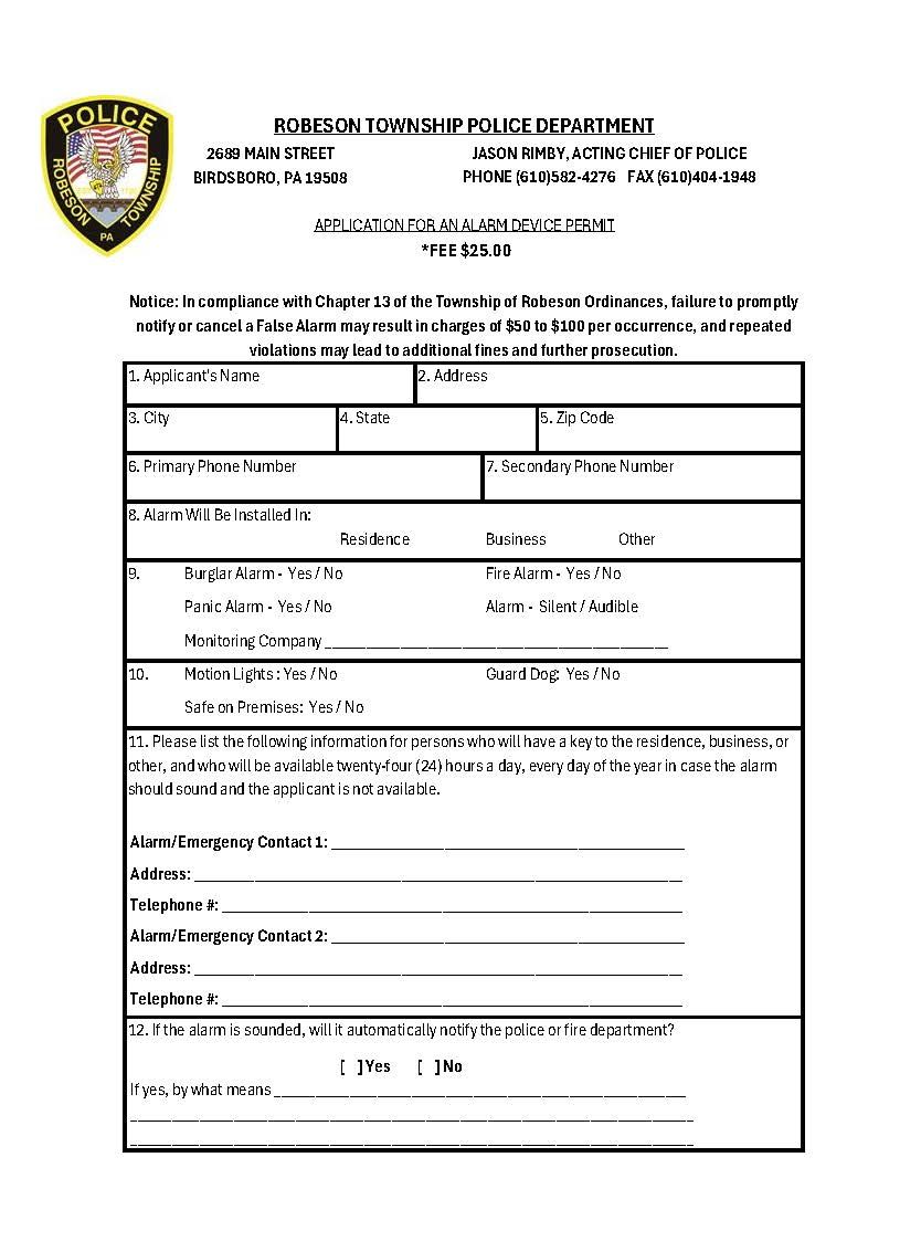 Alarm Permit Application