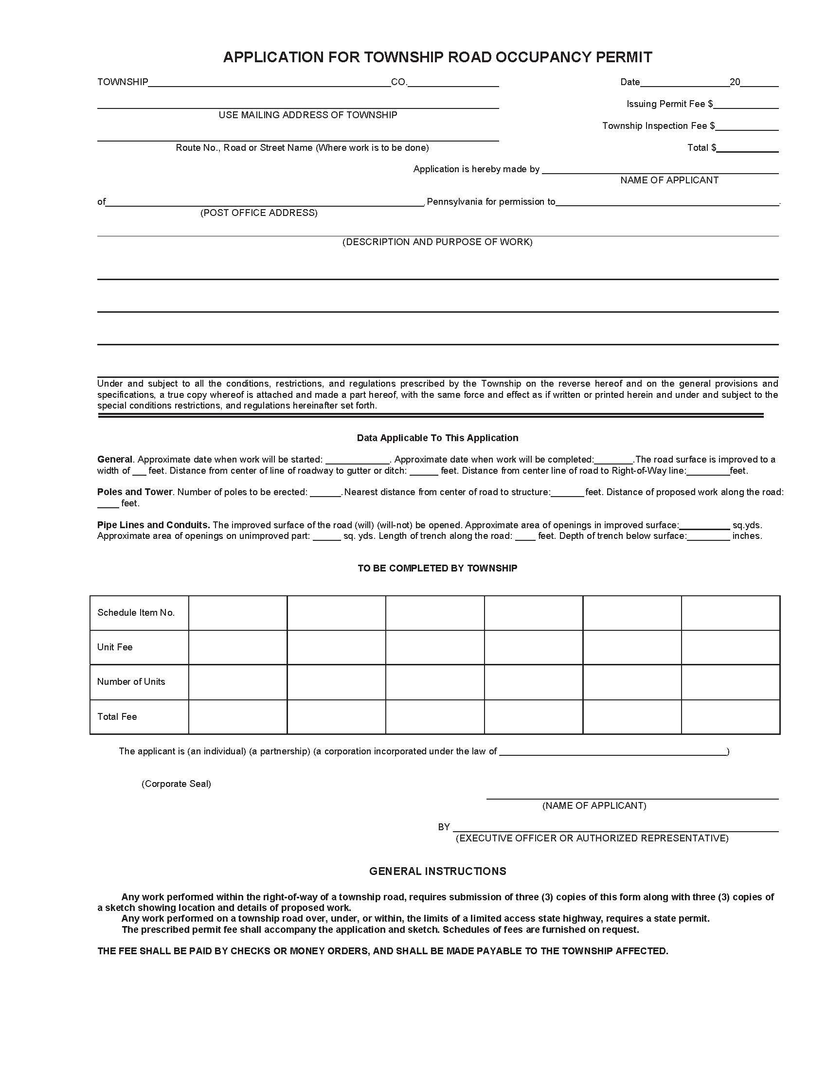 Application For Township Road Occupancy Permit