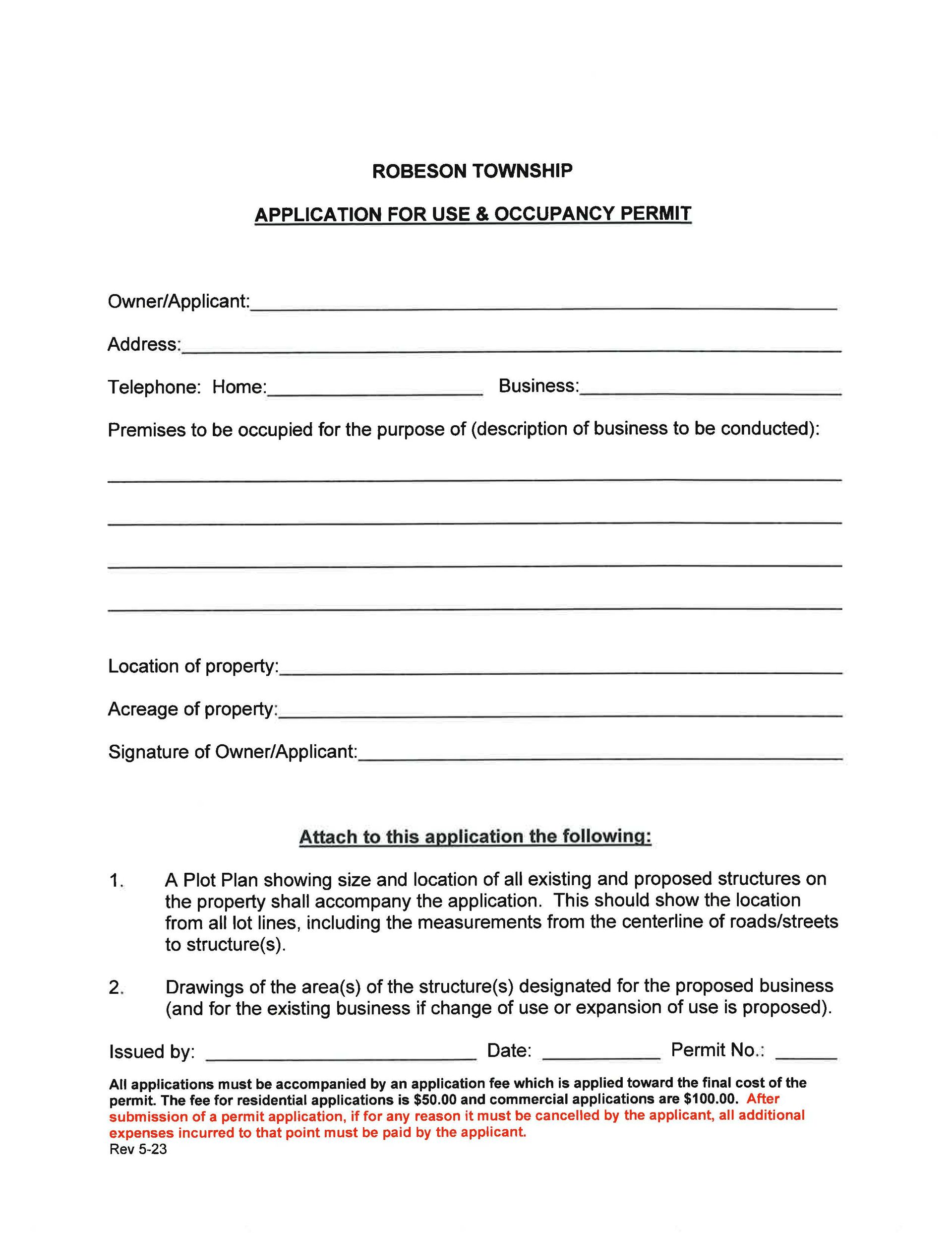 Application for Use and Occupancy