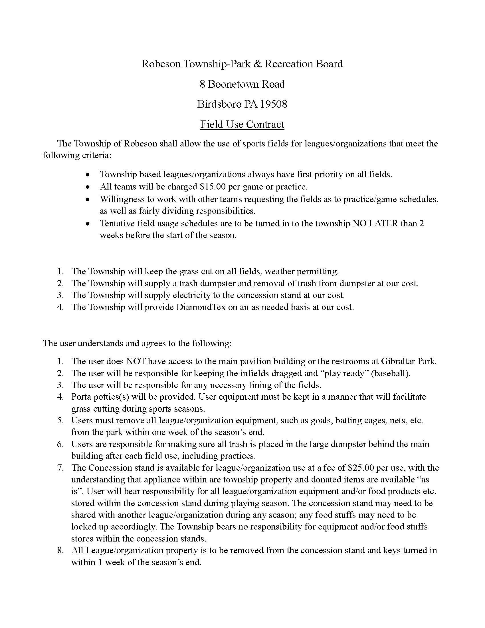 PARKS AND RECREATION APPLICATIONS Township of Robeson