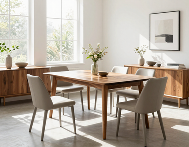 Bright dining room with wooden table, beige chairs, sideboards, and large sunlit windows