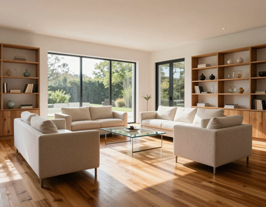 Bright living room with cream sofas, wooden floors, shelves, and large windows overlooking greenery
