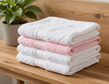 Stack of folded white and pink towels on a wooden table beside a potted plant.