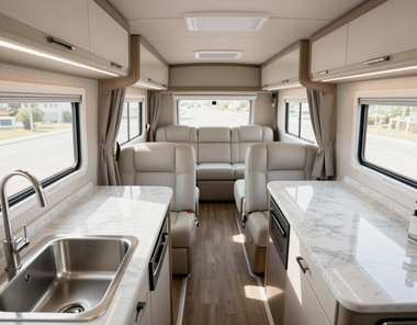 Bright RV interior with kitchen counters, sink, and rear seating area