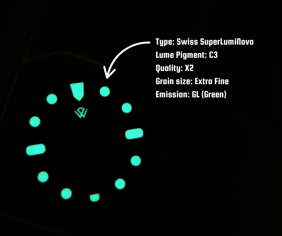 Glowing watch face with green lume; labeled: Swiss SuperLumiNova, C3 pigment, X2 quality, extra fine grain.