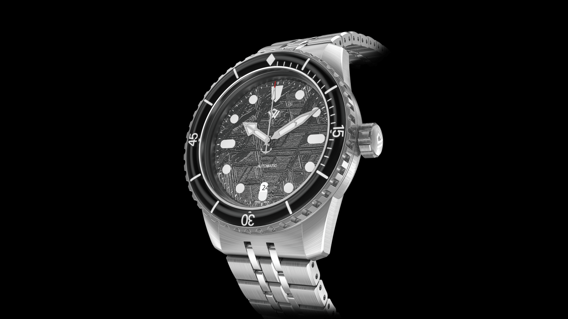 A black and white photo of a watch on a black background