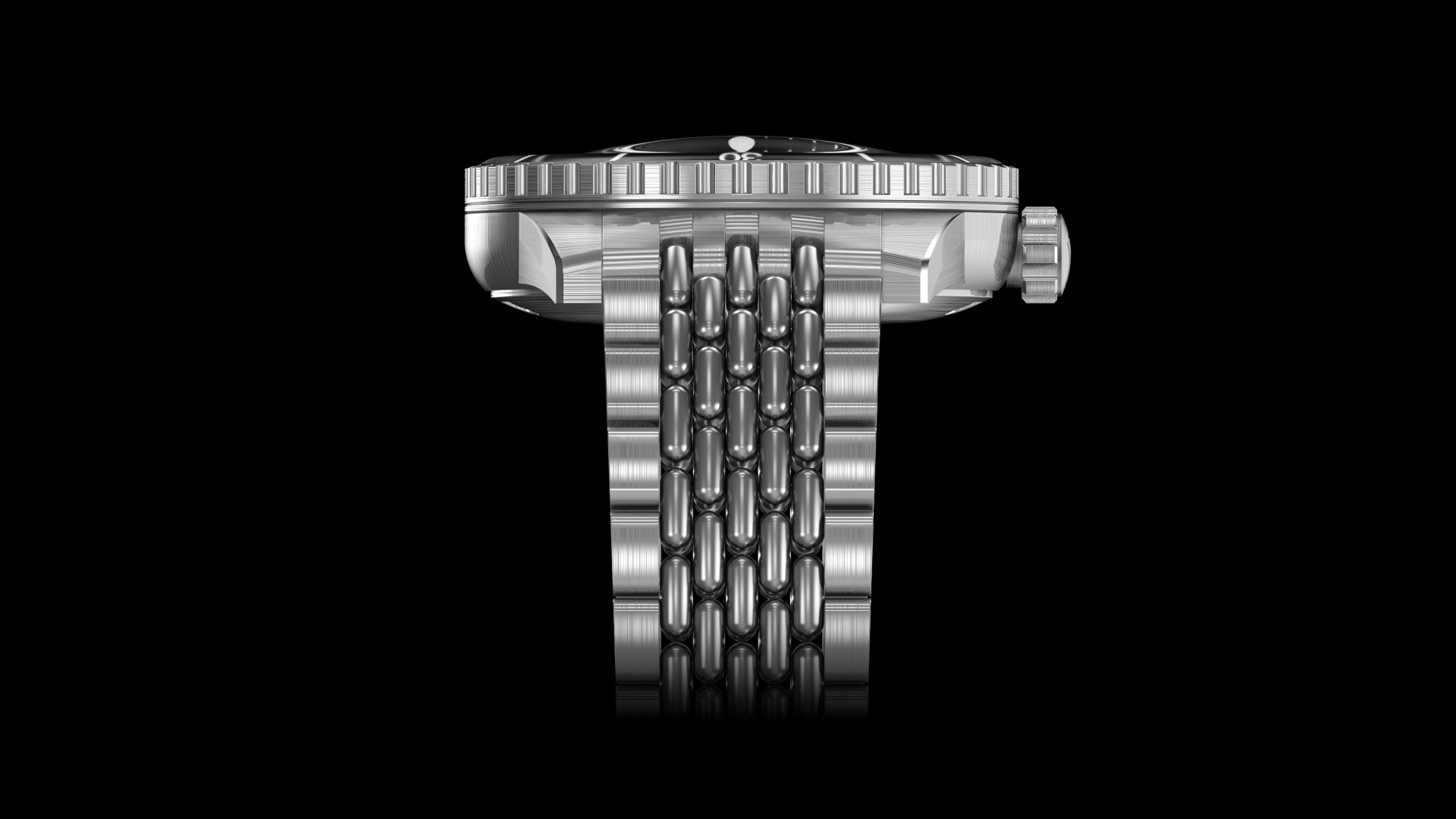 A close up of a watch with a stainless steel band on a black background.