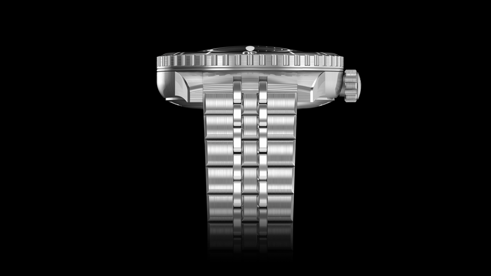 A silver watch with a stainless steel band on a black background.