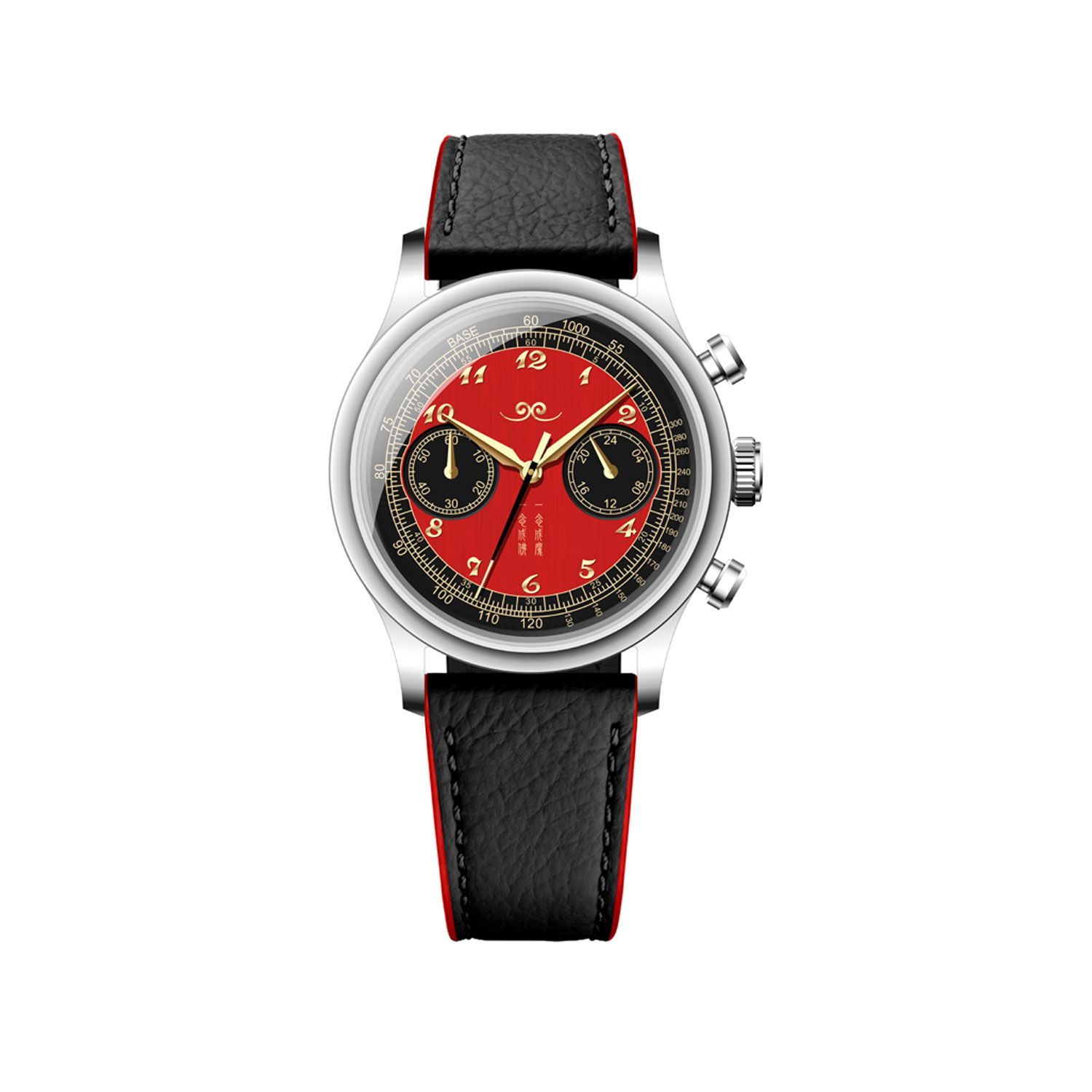 A chronograph wristwatch with a vibrant red dial, black sub-dials, gold numerals, and a black textured leather strap.