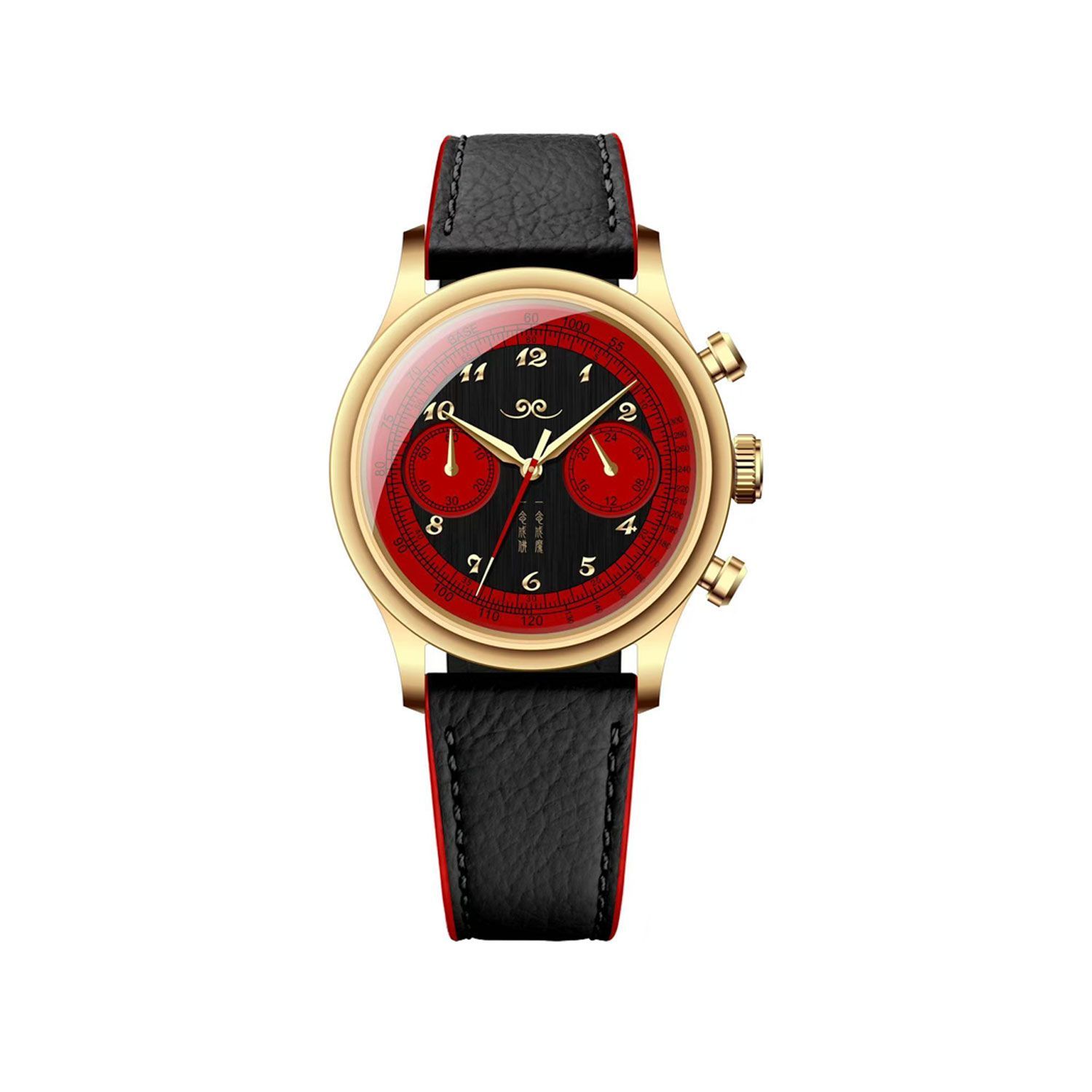A gold-cased wristwatch with a black and red dial, featuring Arabic numerals and a black textured leather strap.
