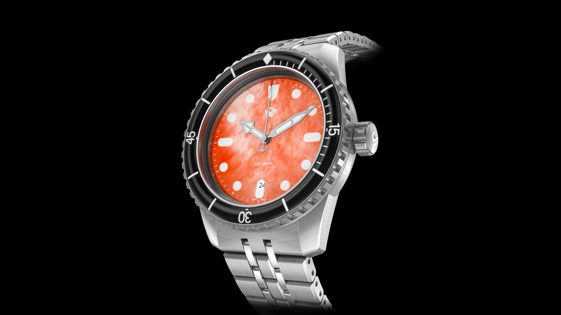 A silver watch with an orange face on a black background