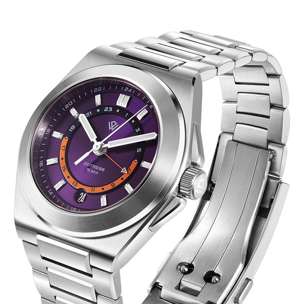 A silver luxury watch with a purple face, orange inner ring, and metal link bracelet, shown at an angle.