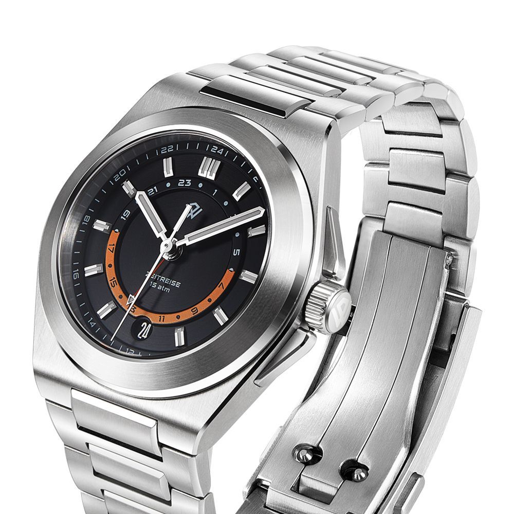 A stainless steel wristwatch with a black dial, silver hands, and a circular orange accent on a metal link bracelet.