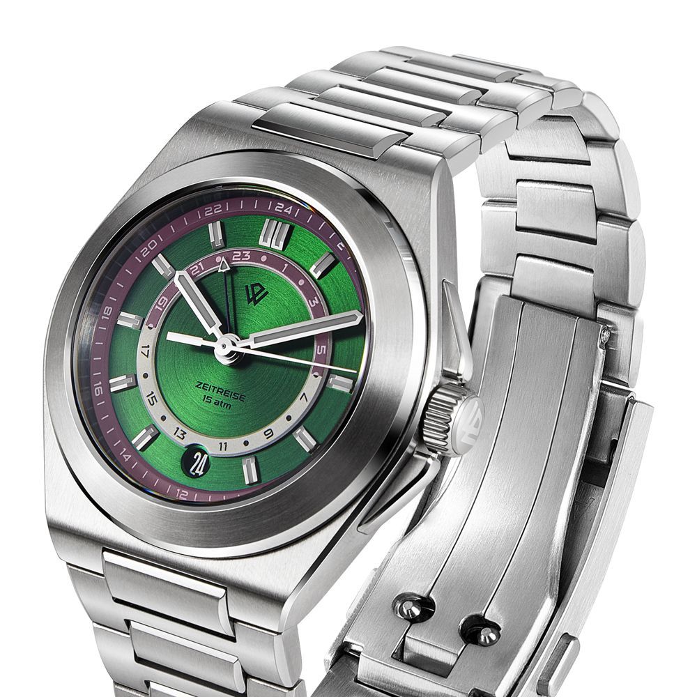 A stainless steel wristwatch with a vibrant green dial and date window, featuring a metal link bracelet.