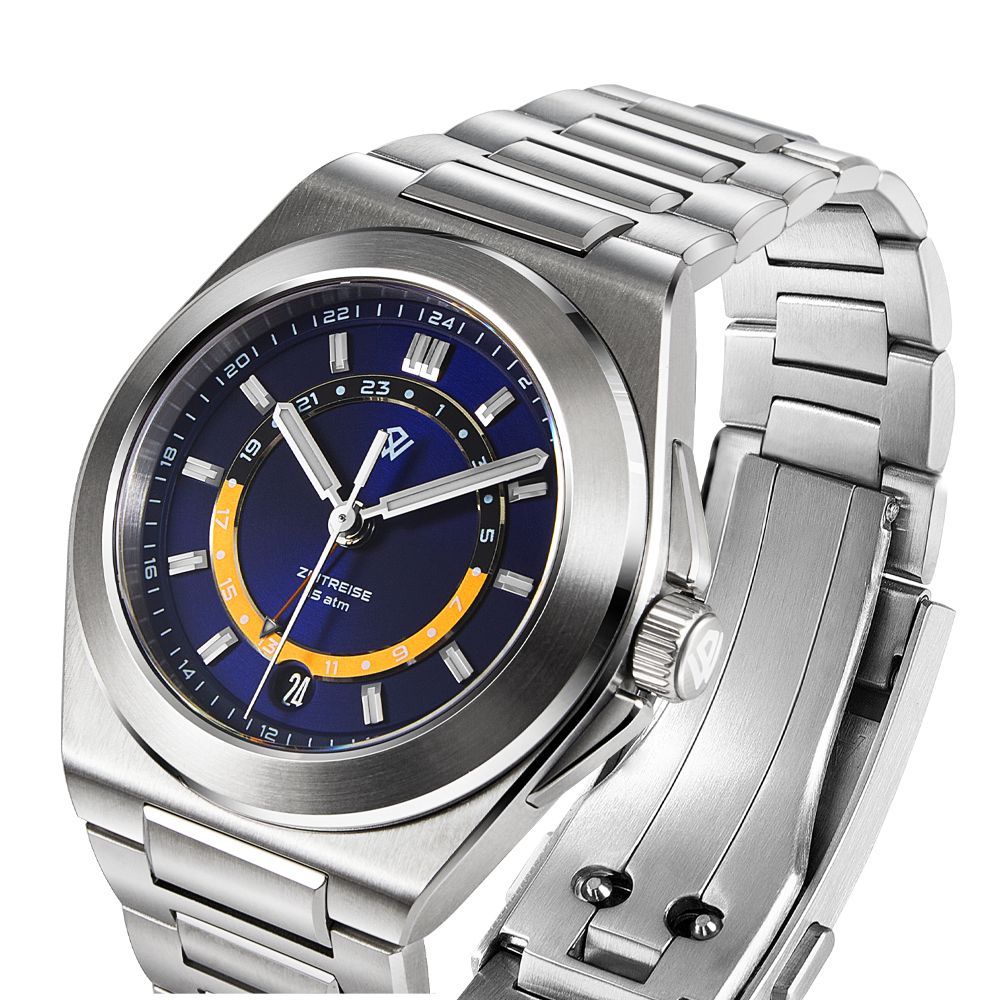 A stainless steel watch with a blue dial, silver hands, a yellow inner ring, and a metal link bracelet on a white background.