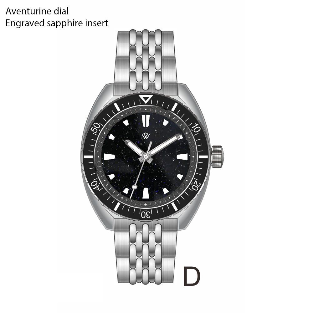 A stainless steel watch with a black face and engraved sapphire insert.