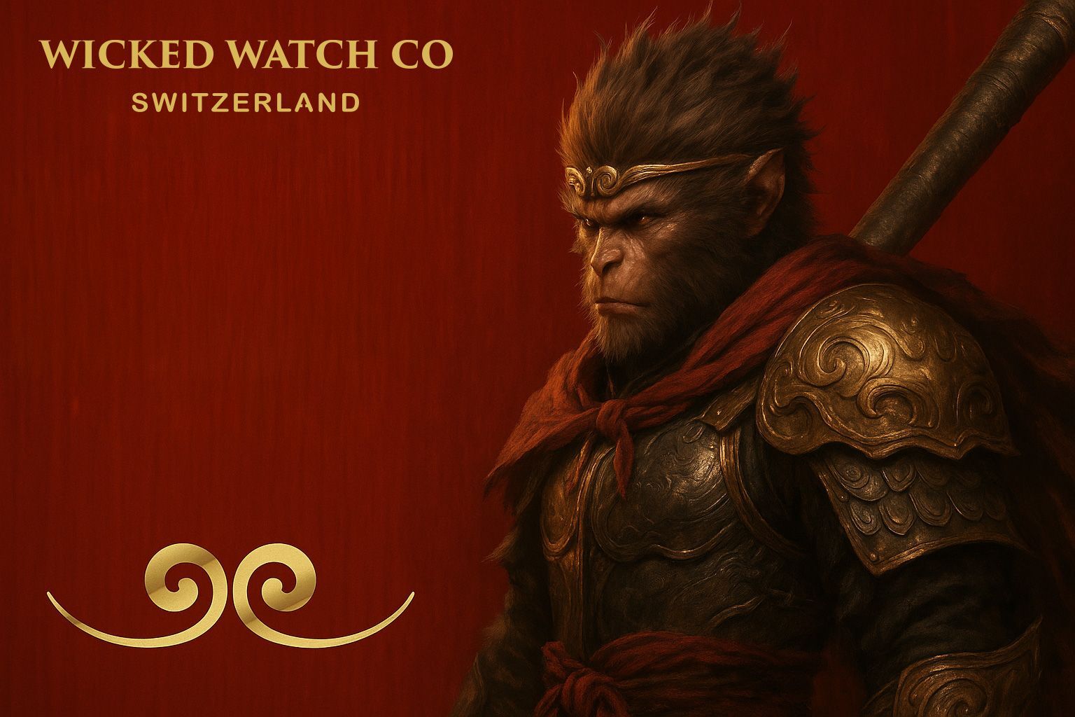 Sun Wukong in ornate gold armor and a red cloak against a red background, with