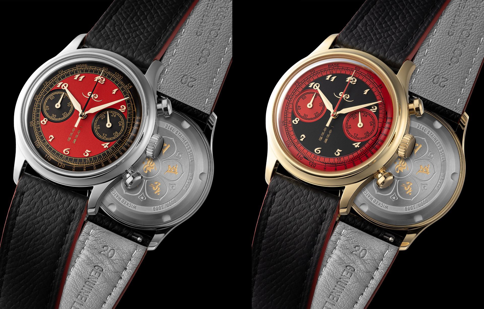 Two luxury chronographs side-by-side, one in silver and one in gold, featuring red and black dials on black leather straps.