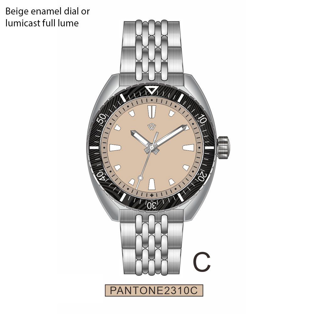 A beige enamel dial or lumincast full lume watch with a stainless steel band
