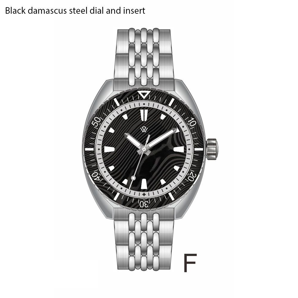 A black damascus steel dial and insert watch with a stainless steel band.