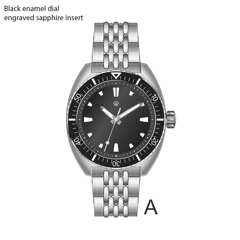 A watch with a black dial and engraved sapphire insert.