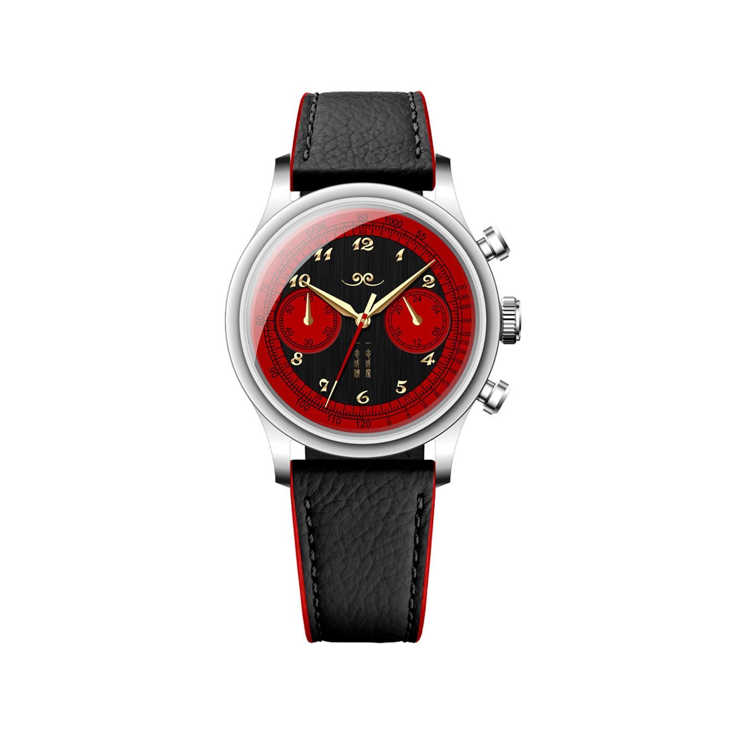 A men's chronograph watch with a black dial, red accents, gold hands, and a black leather strap on a white background.