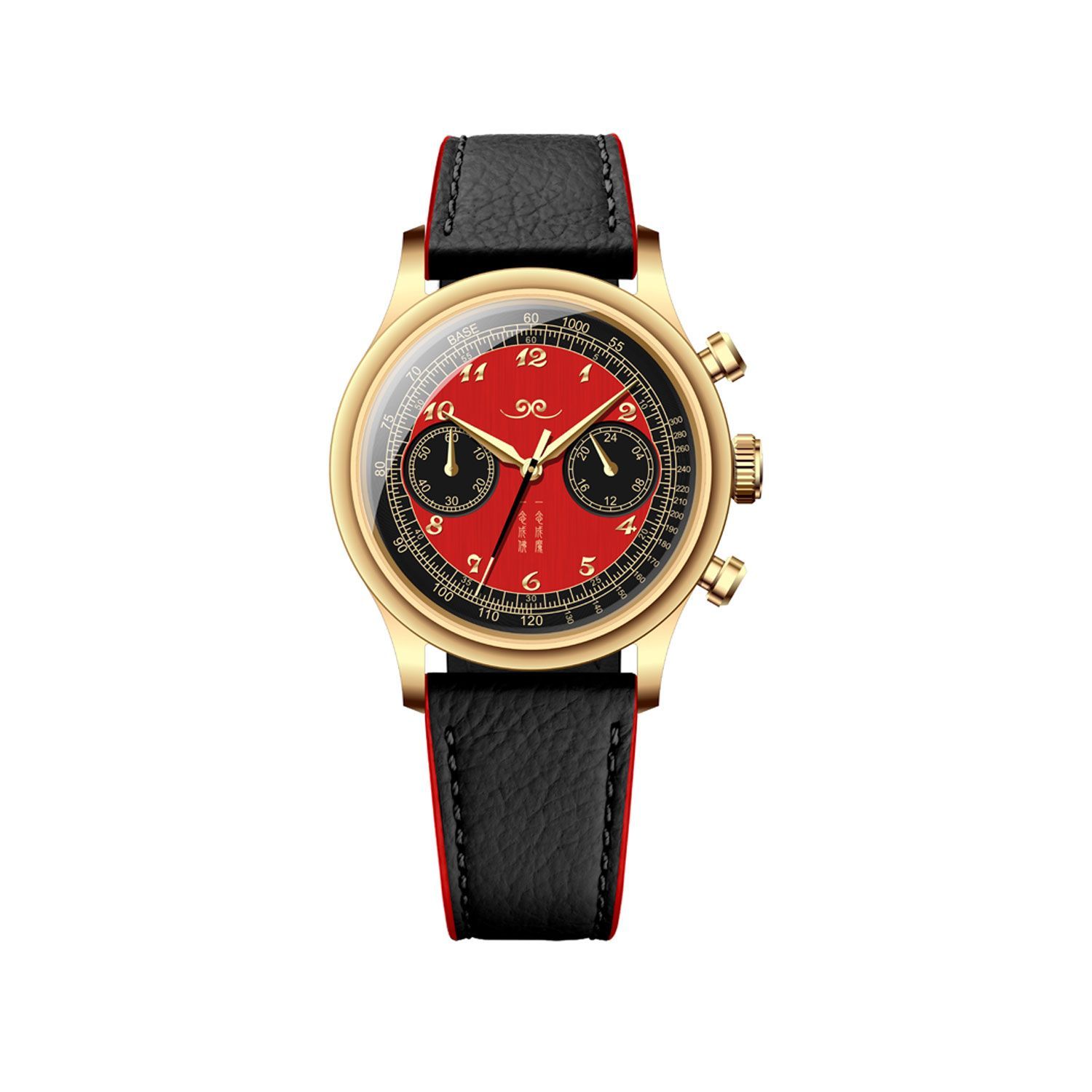 A gold chronograph watch with a vibrant red face, black subdials, Arabic numerals, and a black leather strap.