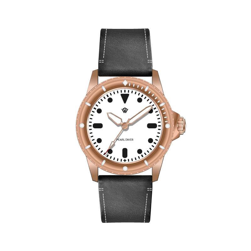 A watch with a black band and a white face
