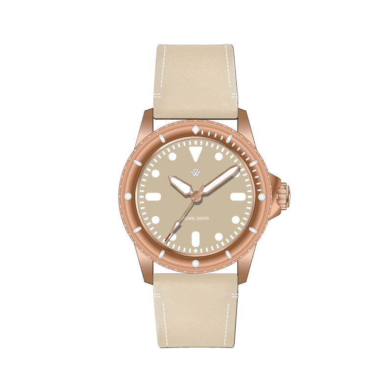 A watch with a brown face and a white band on a white background.