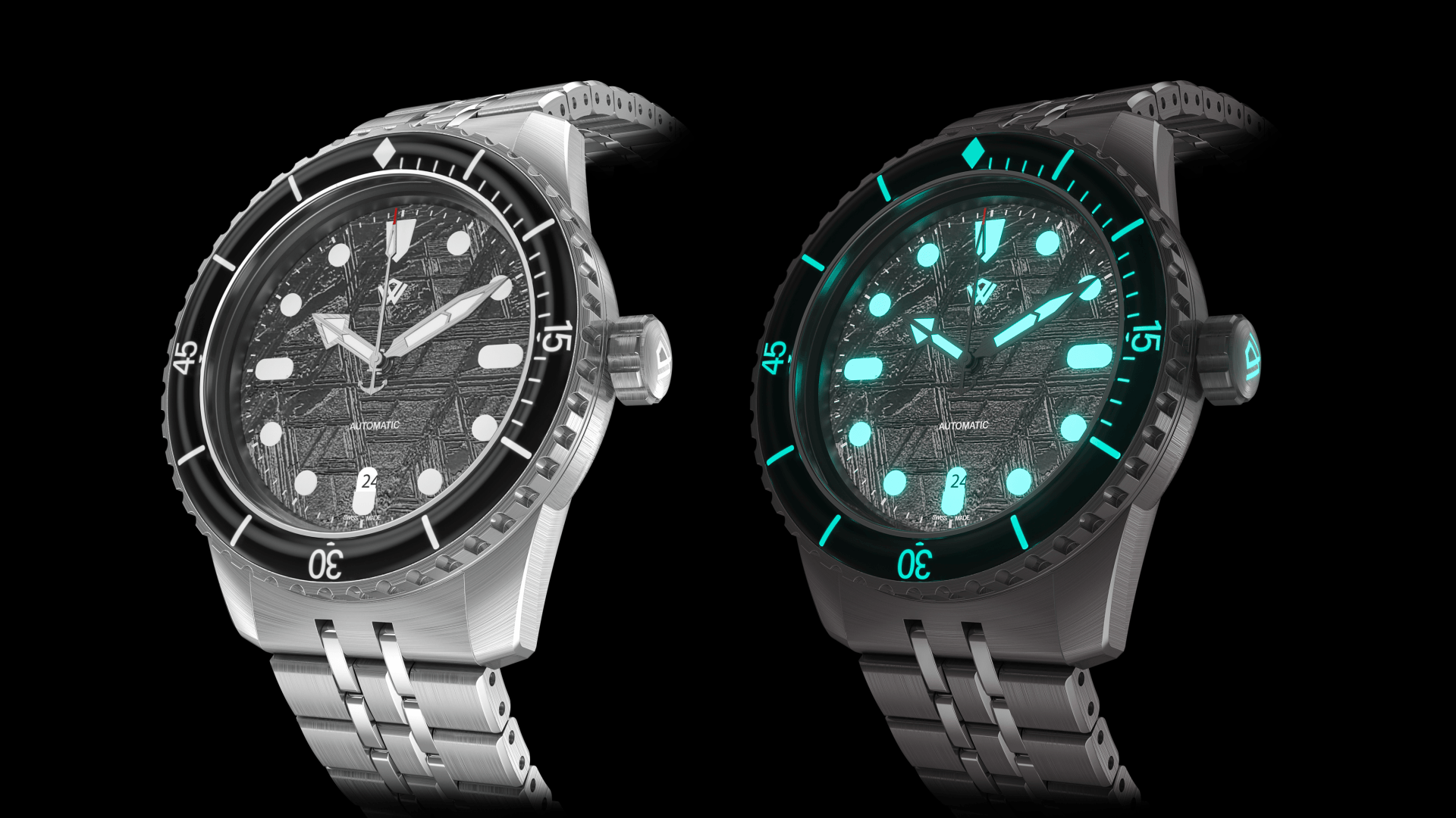 A black and white photo of two watches on a black background.