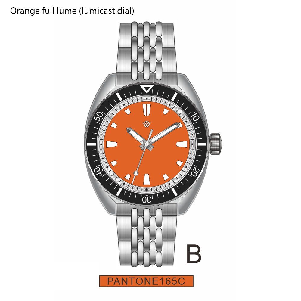 A watch with an orange face and a stainless steel band